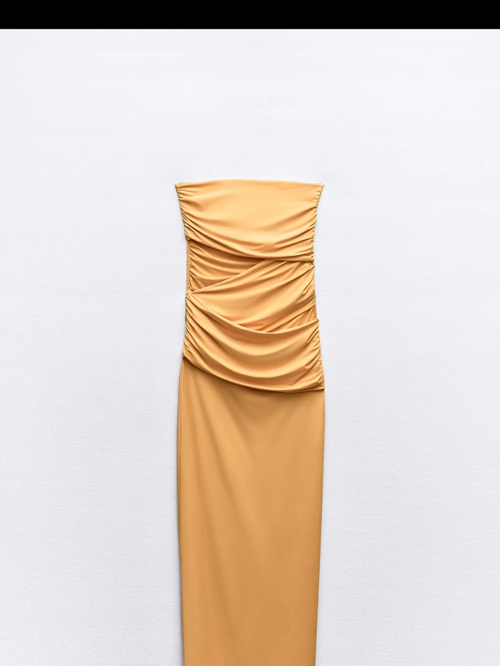 Zara Strapless Ruched Column Dress in Mustard Yellow